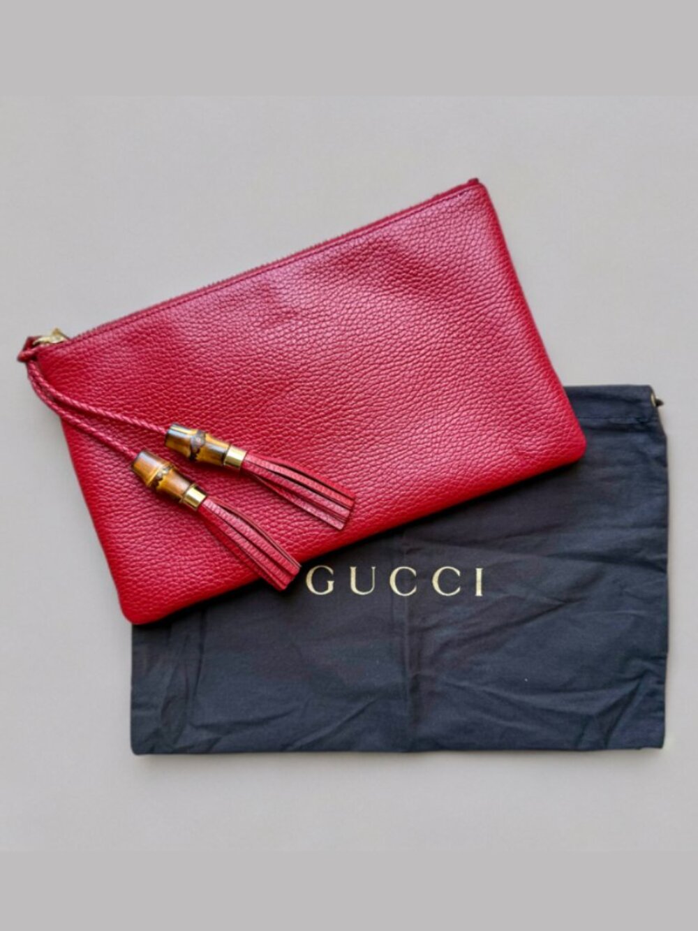 Gucci Red Leather Bamboo Tassel Zip Pouch Clutch